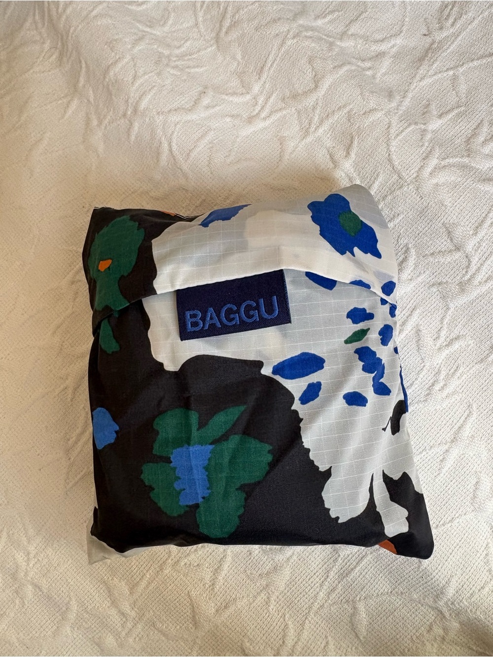 Big BAGGU Packable Tote with Black, White, Blue & Green Floral Print